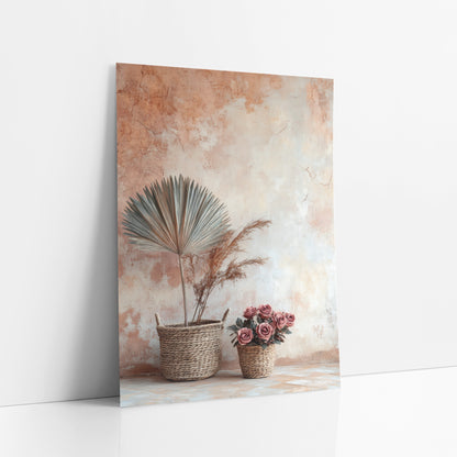 Dried Fan Palm Basket Boho art print leaning against a white wall – dried fan palm and grass plumes in a woven basket