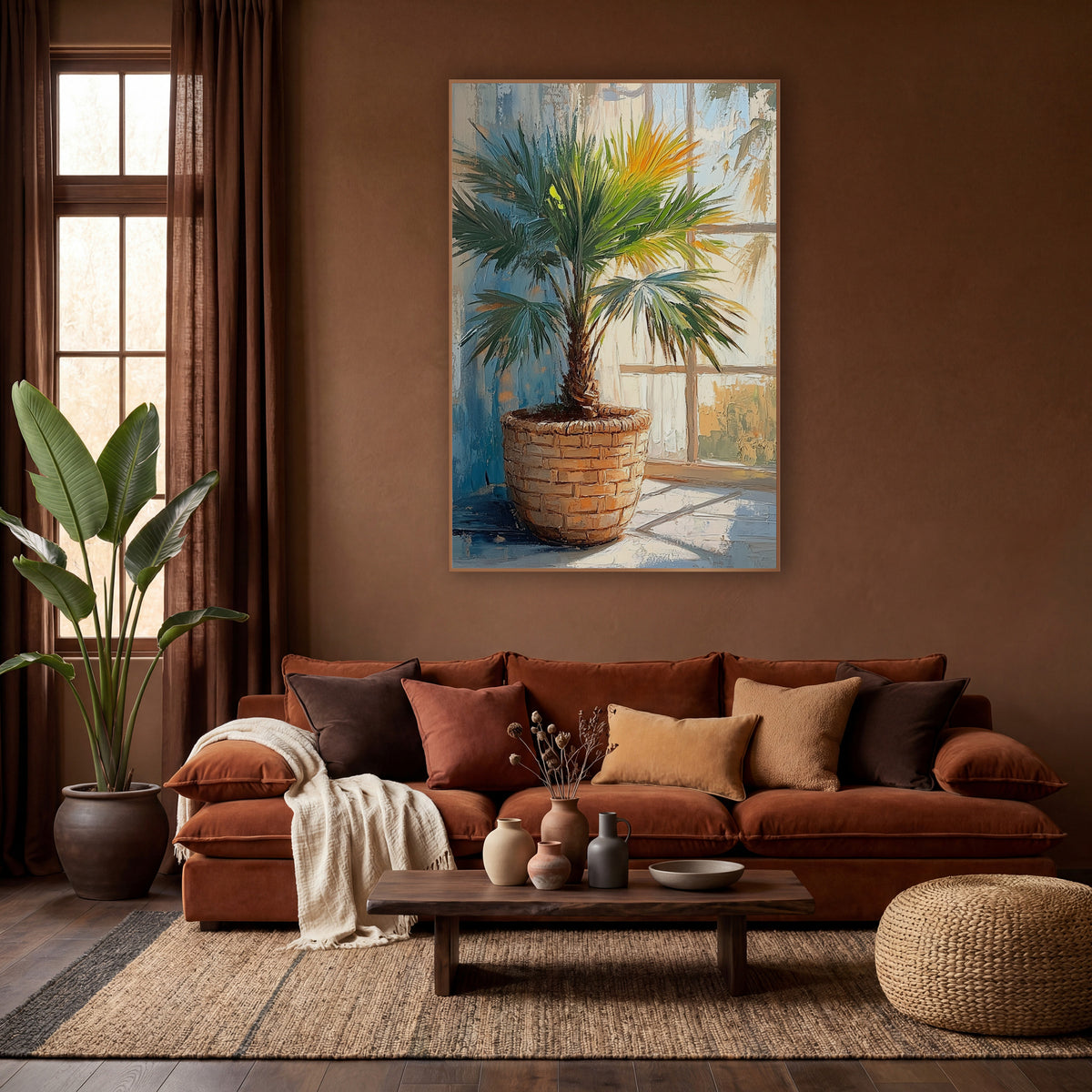 Sunlit Fan Palm Basket Botanical wall art in a warm boho-style room – green fan palm in a woven basket beside a sunlit