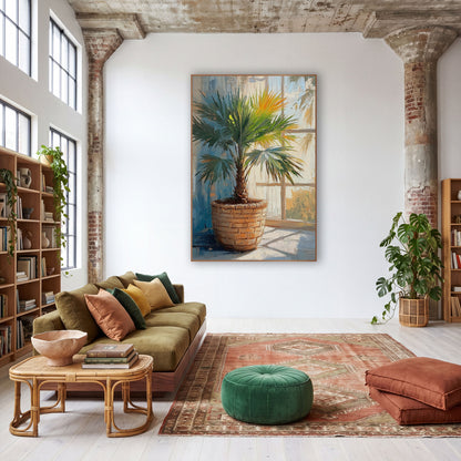 Sunlit Fan Palm Basket Botanical wall art in a warm boho-style room – green fan palm in a woven basket beside a sunlit
