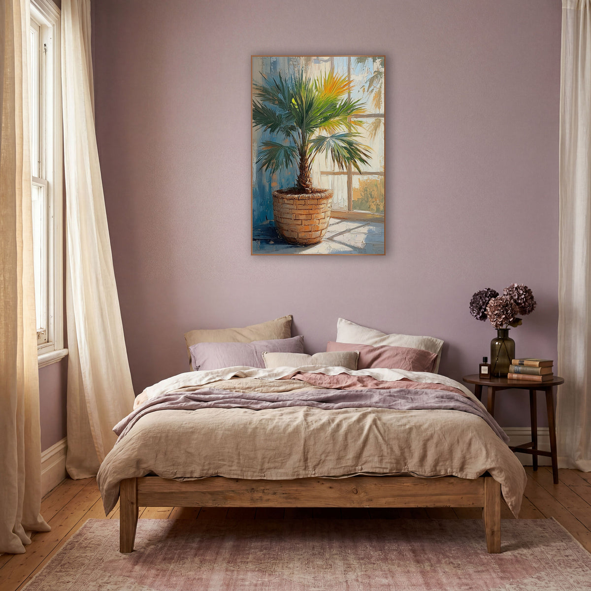 Sunlit Fan Palm Basket Botanical wall art in a warm boho-style room – green fan palm in a woven basket beside a sunlit