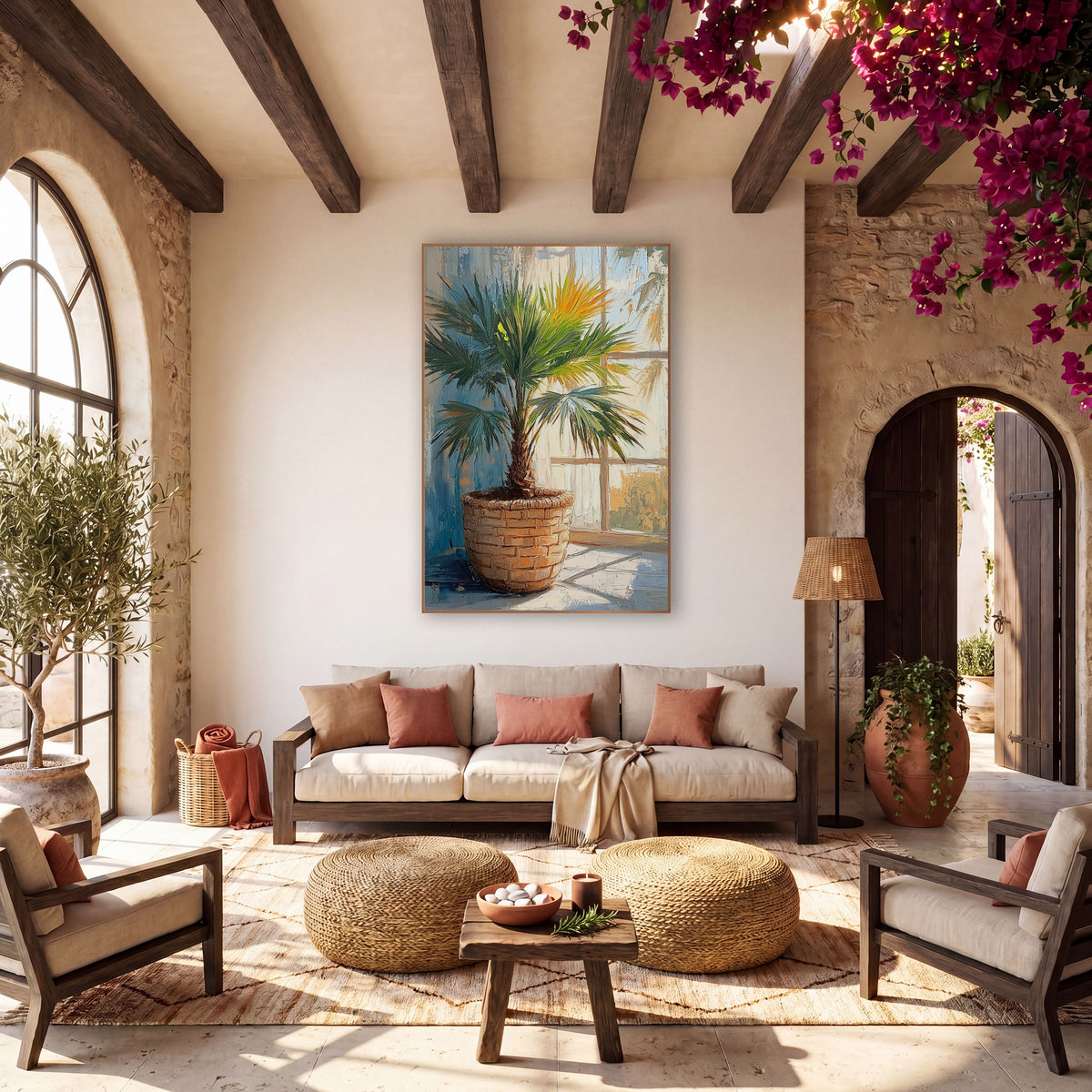 Sunlit Fan Palm Basket Botanical wall art in a warm boho-style room – green fan palm in a woven basket beside a sunlit