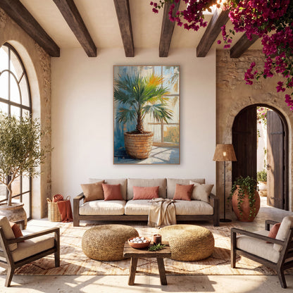 Sunlit Fan Palm Basket Botanical wall art in a warm boho-style room – green fan palm in a woven basket beside a sunlit