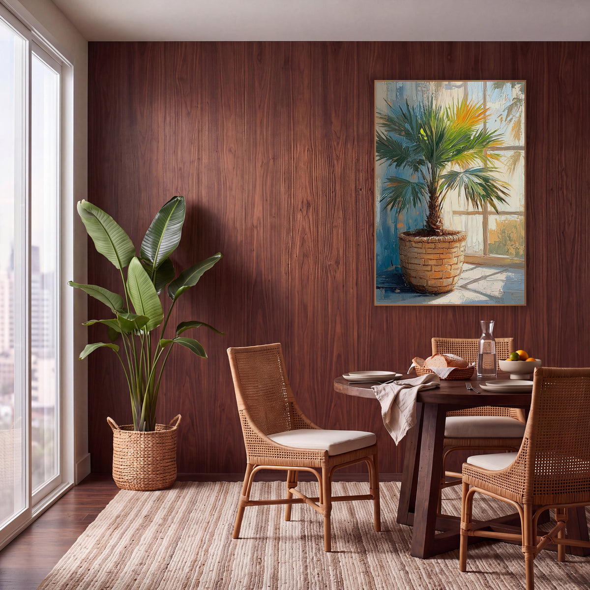 Sunlit Fan Palm Basket Botanical wall art in a warm boho-style room – green fan palm in a woven basket beside a sunlit