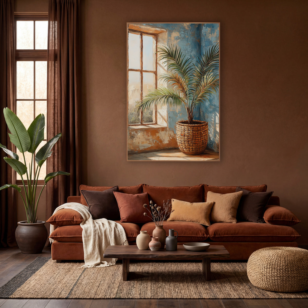 Potted Palm Window Boho wall art in a warm boho-style room – potted palm in a woven basket beside a paned window
