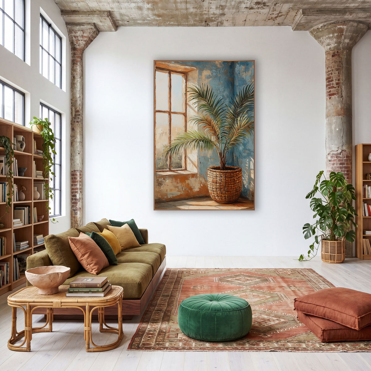 Potted Palm Window Boho wall art in a warm boho-style room – potted palm in a woven basket beside a paned window