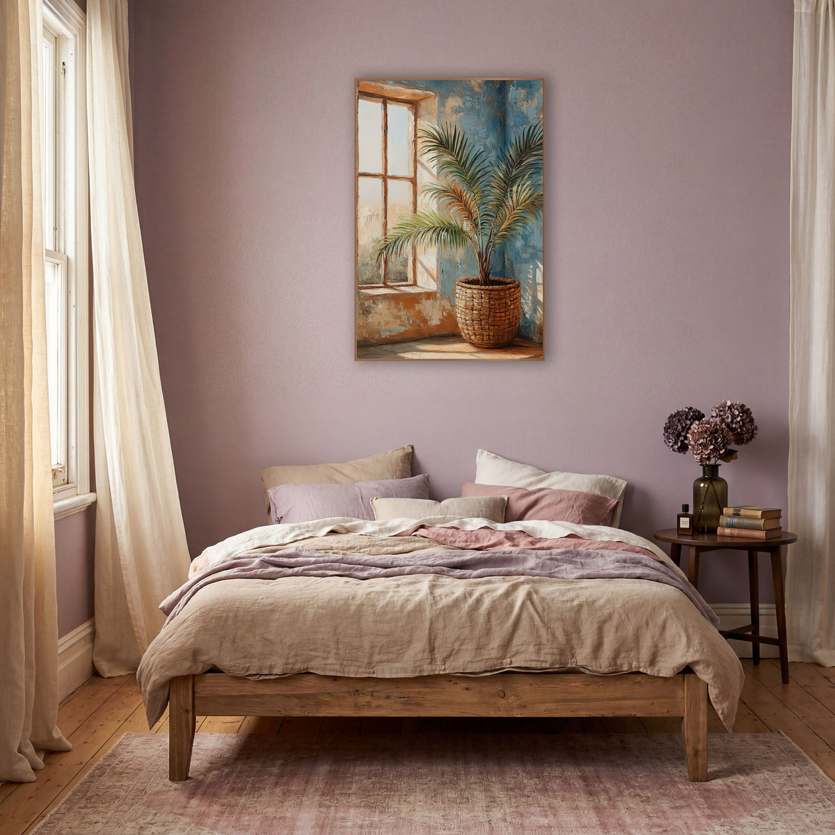 Potted Palm Window Boho wall art in a warm boho-style room – potted palm in a woven basket beside a paned window