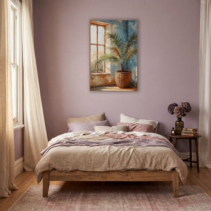Potted Palm Window Boho wall art in a warm boho-style room – potted palm in a woven basket beside a paned window