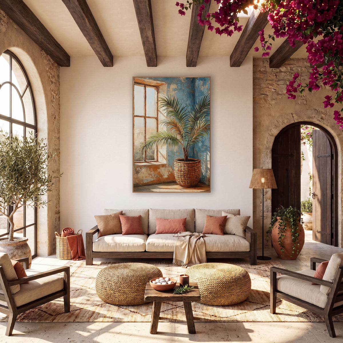 Potted Palm Window Boho wall art in a warm boho-style room – potted palm in a woven basket beside a paned window