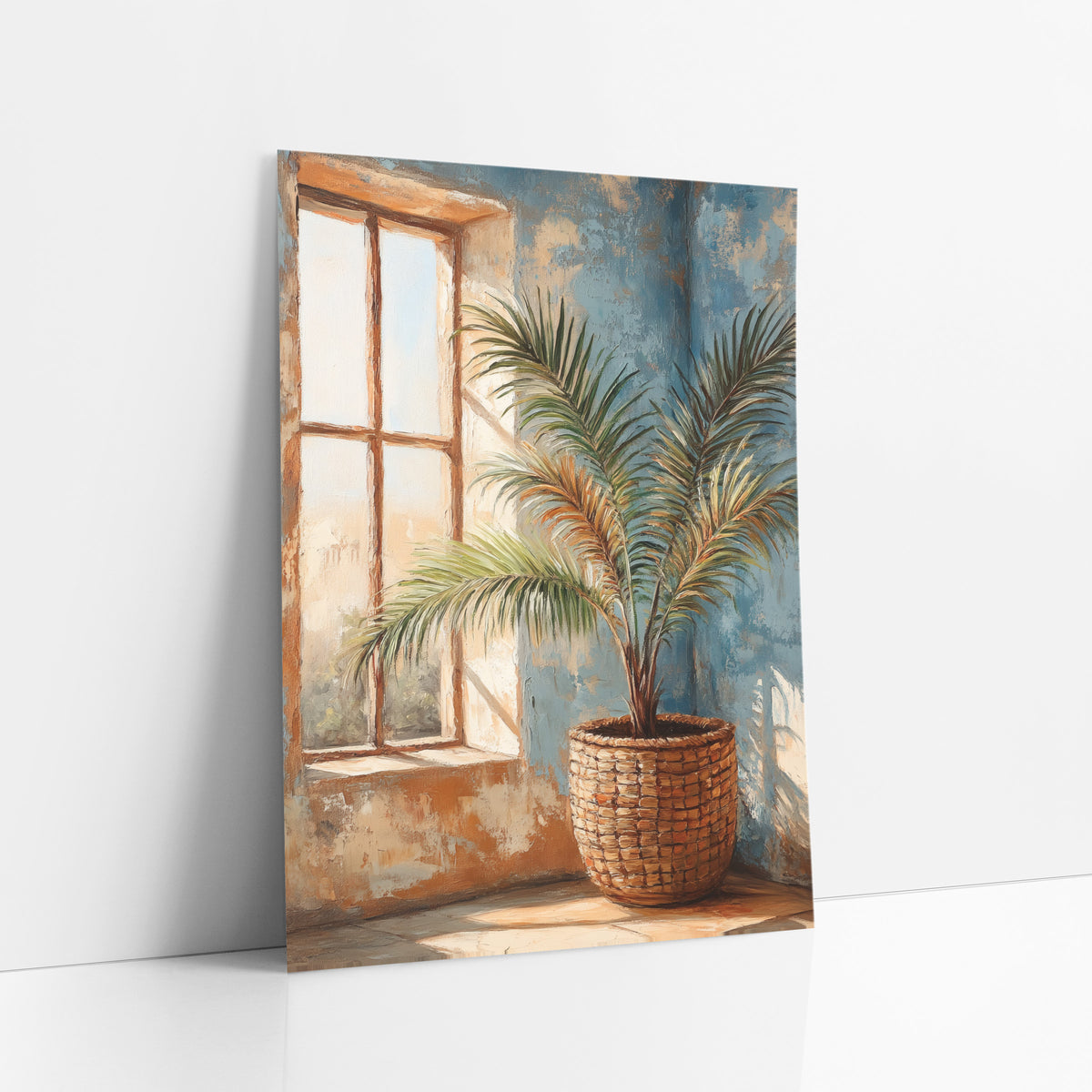Potted Palm Window Boho art print leaning against a white wall – potted palm in a woven basket beside a paned window