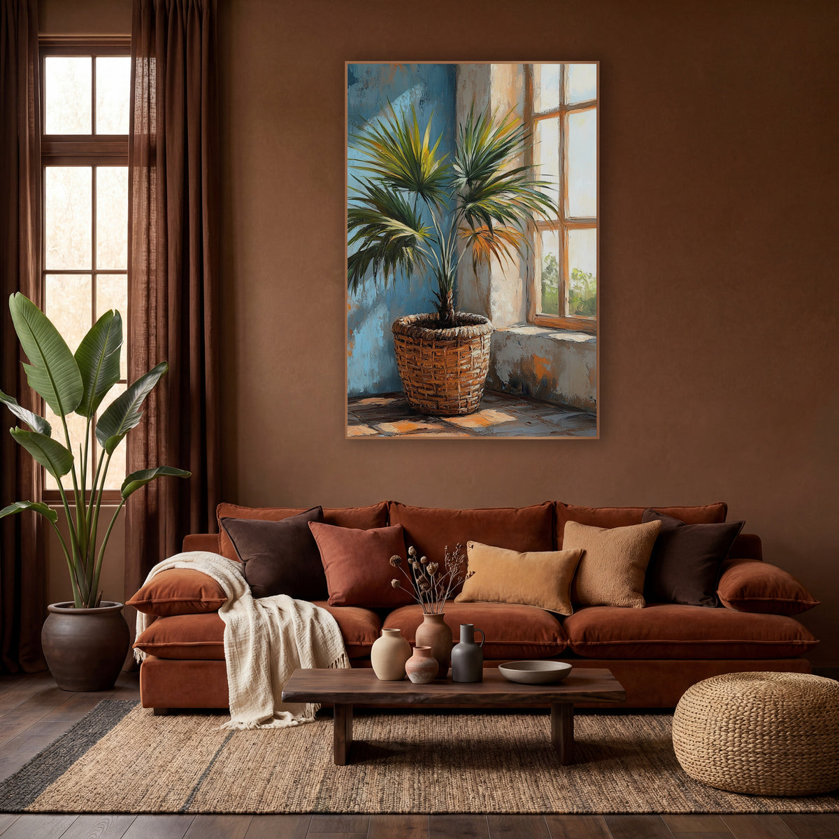 Potted Fan Palm Window Boho wall art in a warm boho-style room – fan palm in a woven basket beside a sunlit paned