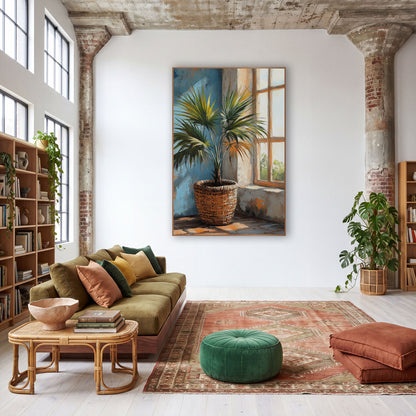 Potted Fan Palm Window Boho wall art in a warm boho-style room – fan palm in a woven basket beside a sunlit paned