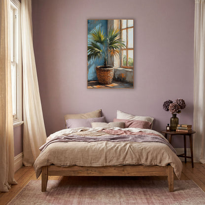 Potted Fan Palm Window Boho wall art in a warm boho-style room – fan palm in a woven basket beside a sunlit paned