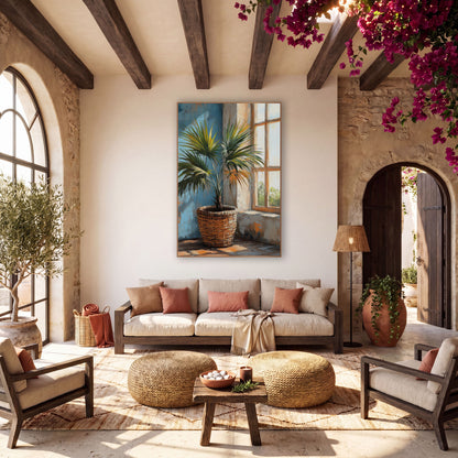 Potted Fan Palm Window Boho wall art in a warm boho-style room – fan palm in a woven basket beside a sunlit paned