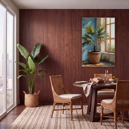 Potted Fan Palm Window Boho wall art in a warm boho-style room – fan palm in a woven basket beside a sunlit paned