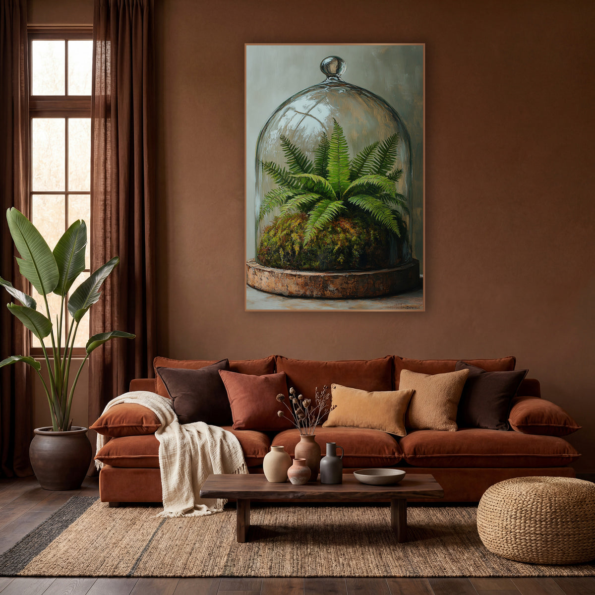 Fern Moss Glass Cloche Botanical wall art in a warm boho-style room – green fern and moss under a glass cloche