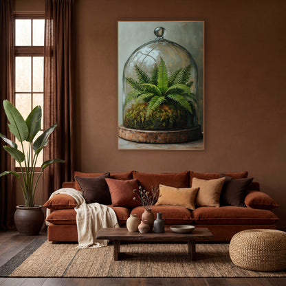 Fern Moss Glass Cloche Botanical wall art in a warm boho-style room – green fern and moss under a glass cloche