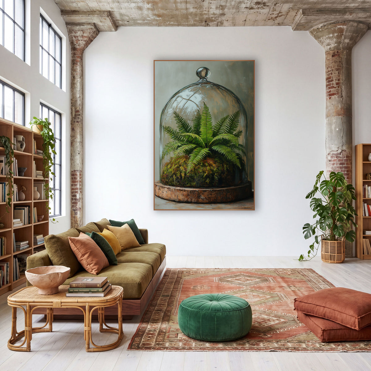Fern Moss Glass Cloche Botanical wall art in a warm boho-style room – green fern and moss under a glass cloche