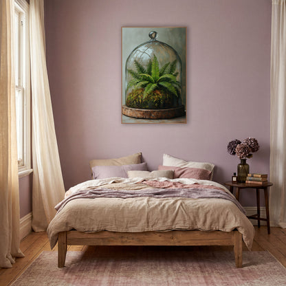 Fern Moss Glass Cloche Botanical wall art in a warm boho-style room – green fern and moss under a glass cloche