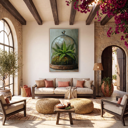 Fern Moss Glass Cloche Botanical wall art in a warm boho-style room – green fern and moss under a glass cloche