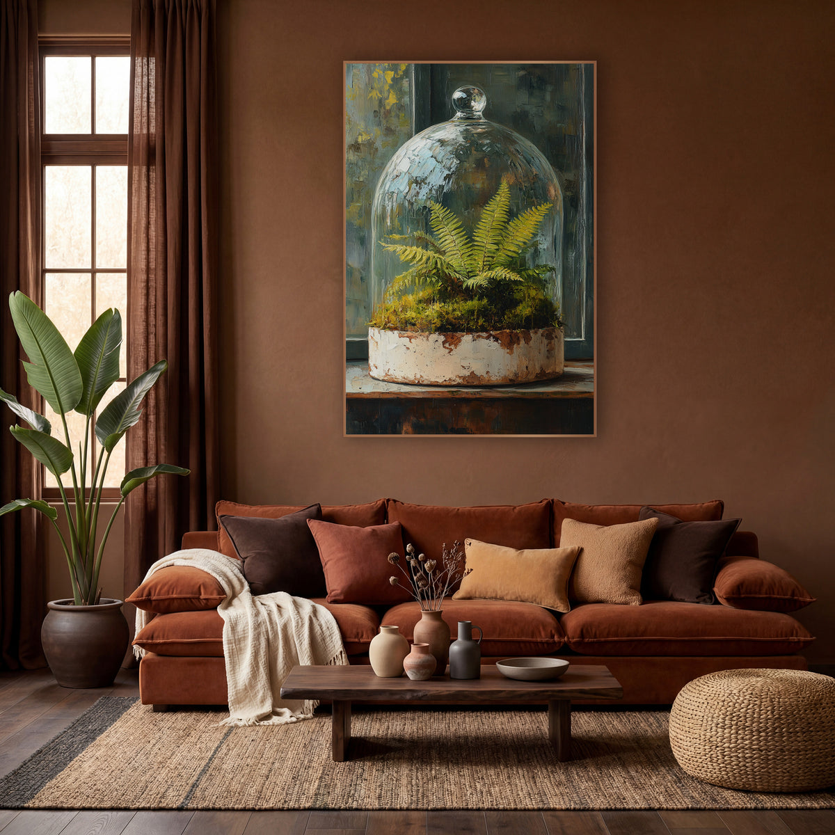 Glass Cloche Fern Moss Botanical wall art in a warm boho-style room – green fern and moss under a glass cloche