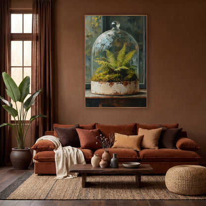Glass Cloche Fern Moss Botanical wall art in a warm boho-style room – green fern and moss under a glass cloche