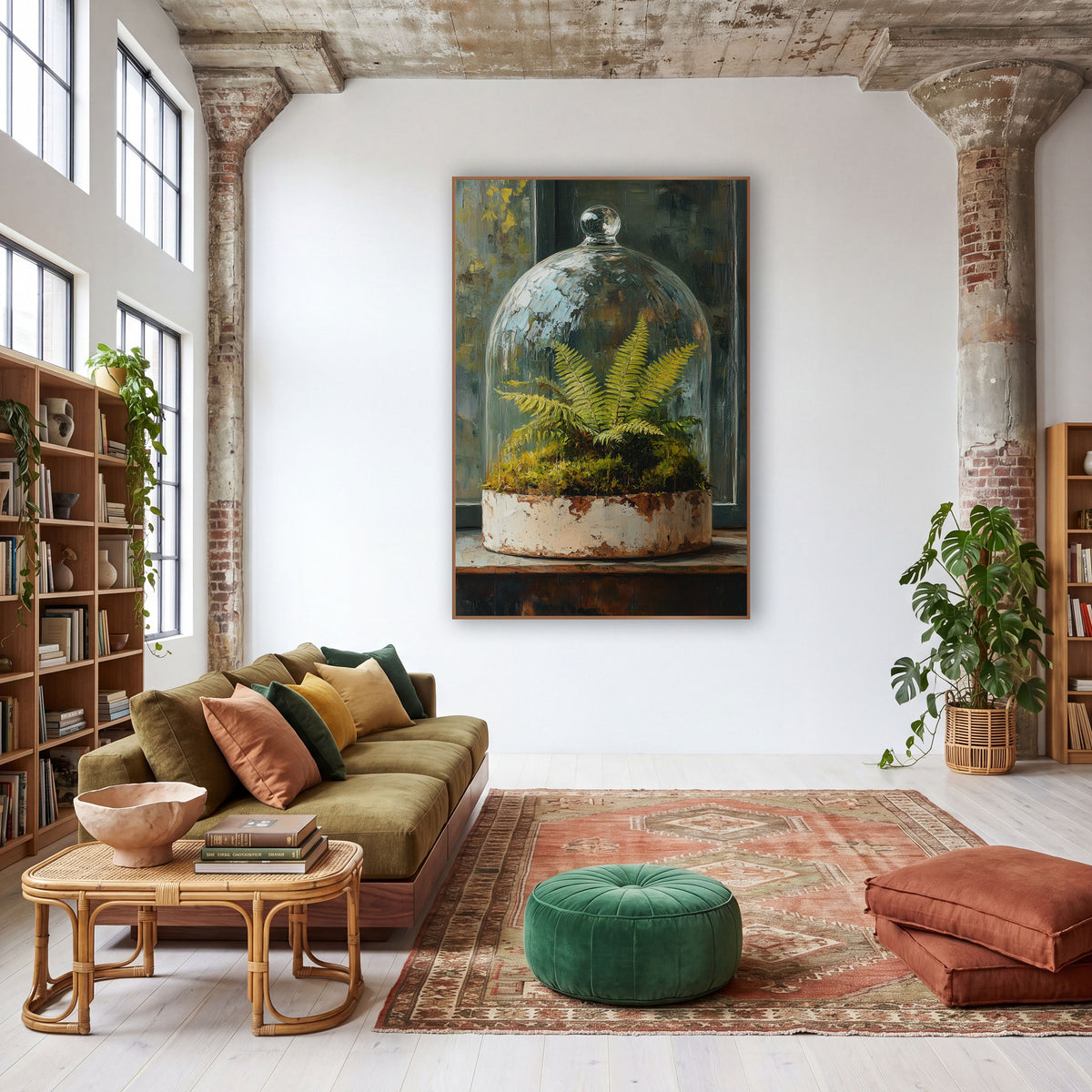 Glass Cloche Fern Moss Botanical wall art in a warm boho-style room – green fern and moss under a glass cloche