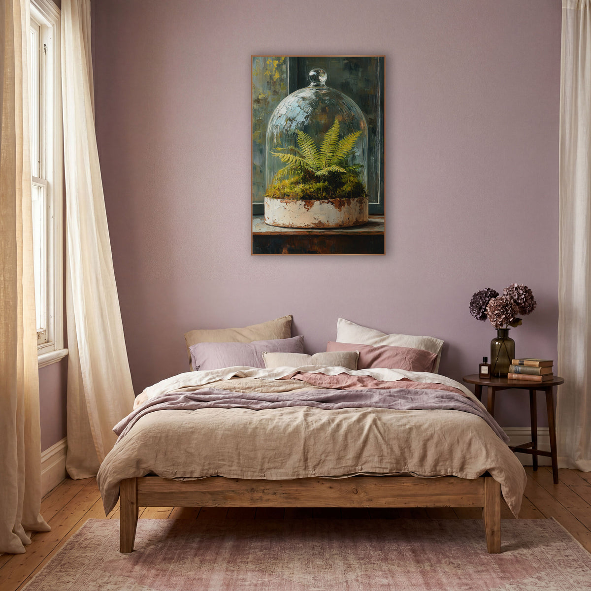 Glass Cloche Fern Moss Botanical wall art in a warm boho-style room – green fern and moss under a glass cloche