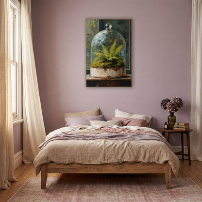 Glass Cloche Fern Moss Botanical wall art in a warm boho-style room – green fern and moss under a glass cloche