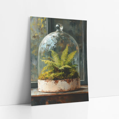 Glass Cloche Fern Moss Botanical art print leaning against a white wall – green fern and moss under a glass cloche