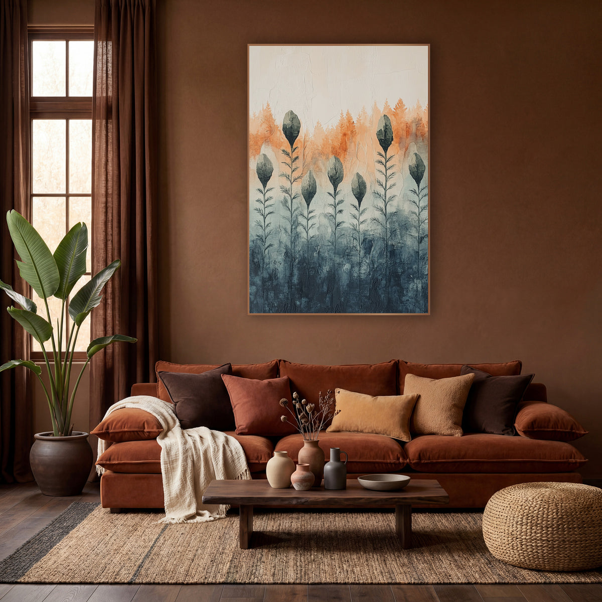 Slate Leaf Bud Stems Abstract wall art in a warm boho-style room – seven tall leafy stems with dark gray-green buds