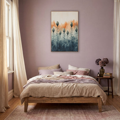 Slate Leaf Bud Stems Abstract wall art in a warm boho-style room – seven tall leafy stems with dark gray-green buds