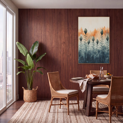 Slate Leaf Bud Stems Abstract wall art in a warm boho-style room – seven tall leafy stems with dark gray-green buds