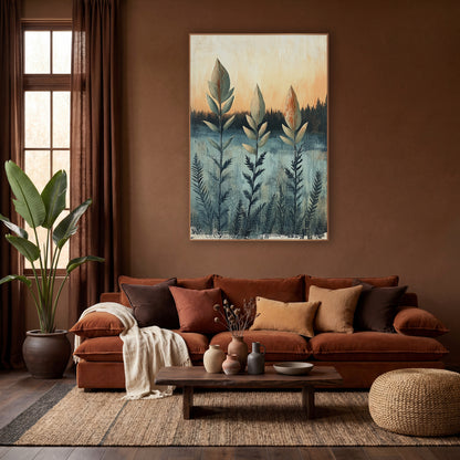 Tall Leaf Stems Boho Landscape wall art in a warm boho-style room – three tall sage leaf stems with rust speckles
