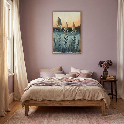 Tall Leaf Stems Boho Landscape wall art in a warm boho-style room – three tall sage leaf stems with rust speckles
