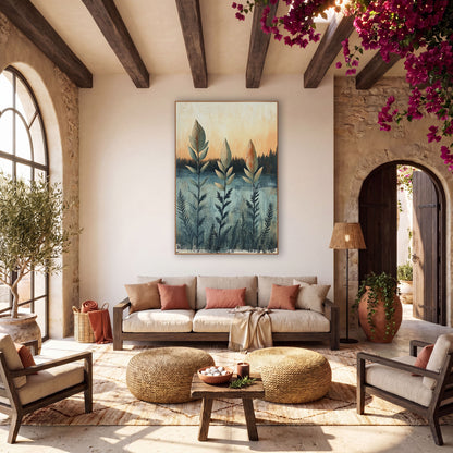 Tall Leaf Stems Boho Landscape wall art in a warm boho-style room – three tall sage leaf stems with rust speckles