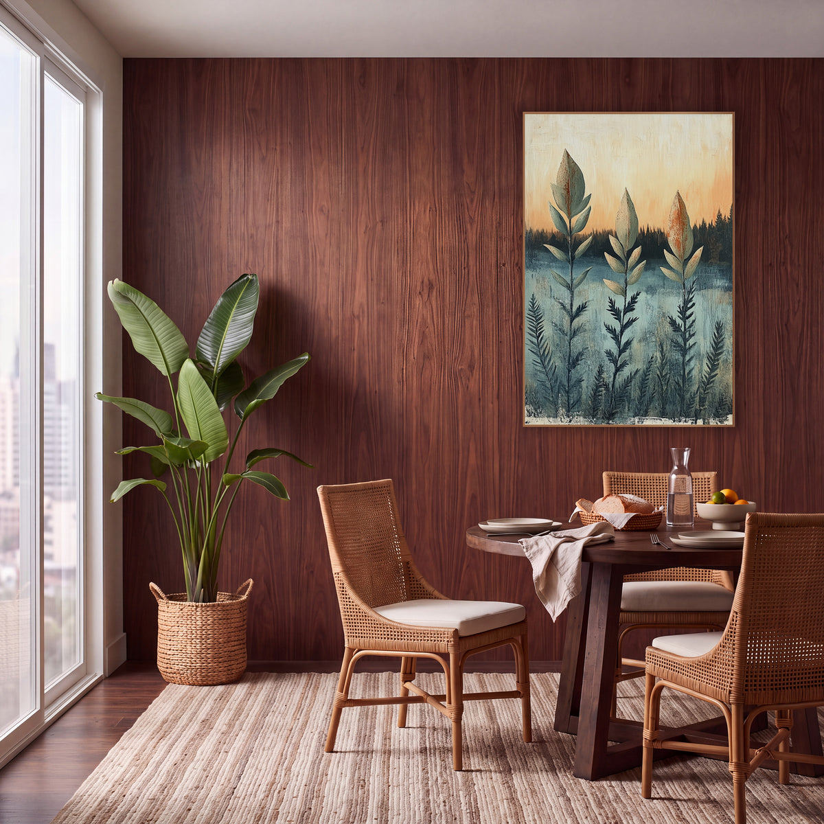Tall Leaf Stems Boho Landscape wall art in a warm boho-style room – three tall sage leaf stems with rust speckles