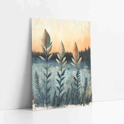 Tall Leaf Stems Boho Landscape art print leaning against a white wall – three tall sage leaf stems with rust speckles