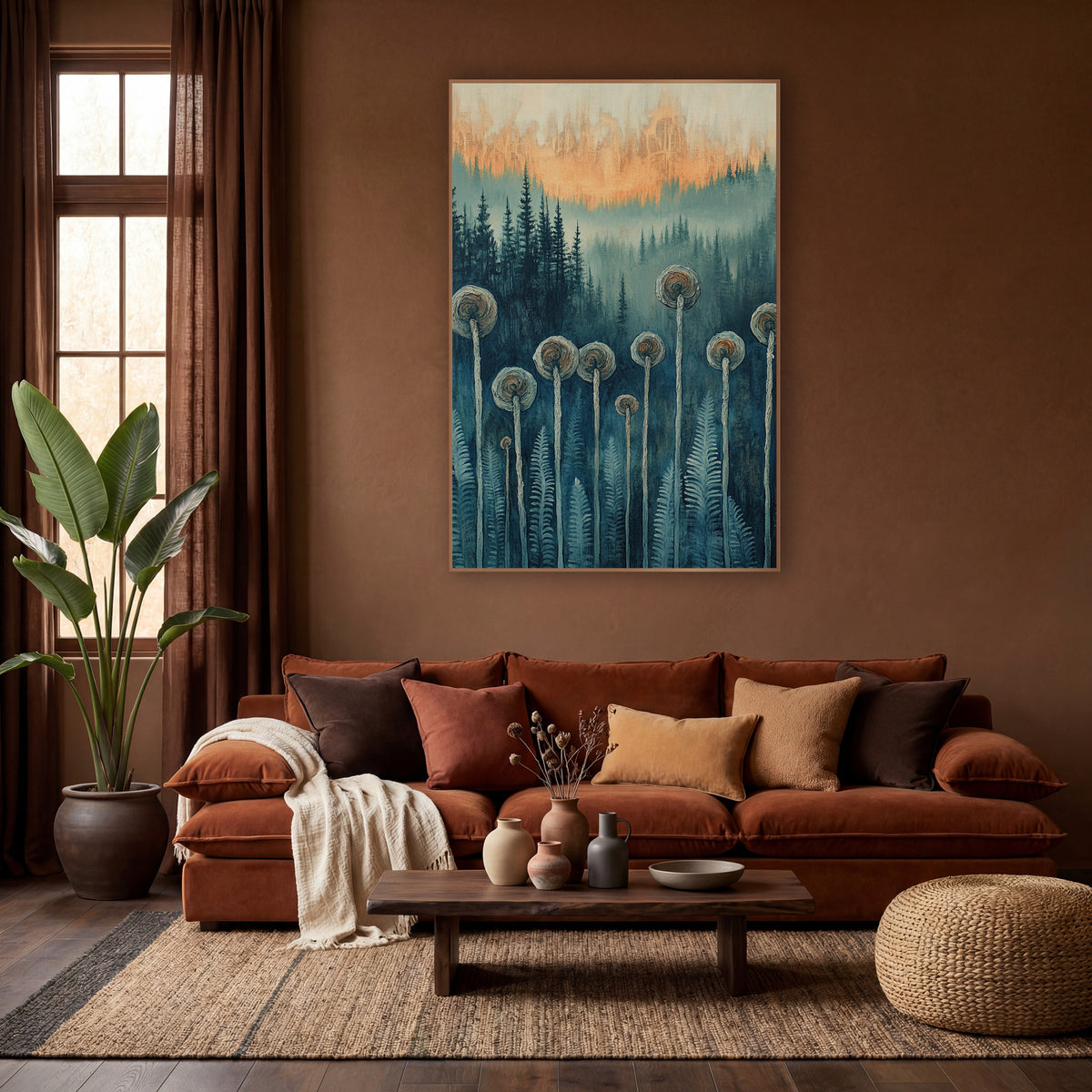 Fiddlehead Fern Forest Boho wall art in a warm boho-style room – spiral fiddlehead ferns on tall pale stems before