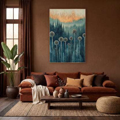 Fiddlehead Fern Forest Boho wall art in a warm boho-style room – spiral fiddlehead ferns on tall pale stems before