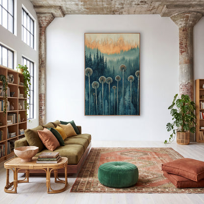 Fiddlehead Fern Forest Boho wall art in a warm boho-style room – spiral fiddlehead ferns on tall pale stems before