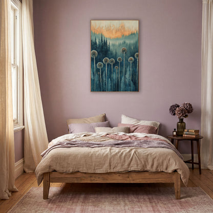 Fiddlehead Fern Forest Boho wall art in a warm boho-style room – spiral fiddlehead ferns on tall pale stems before