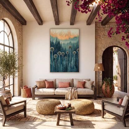 Fiddlehead Fern Forest Boho wall art in a warm boho-style room – spiral fiddlehead ferns on tall pale stems before