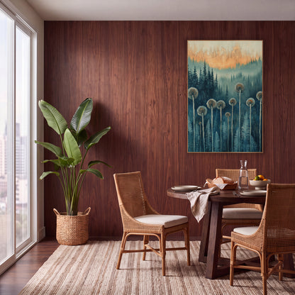 Fiddlehead Fern Forest Boho wall art in a warm boho-style room – spiral fiddlehead ferns on tall pale stems before