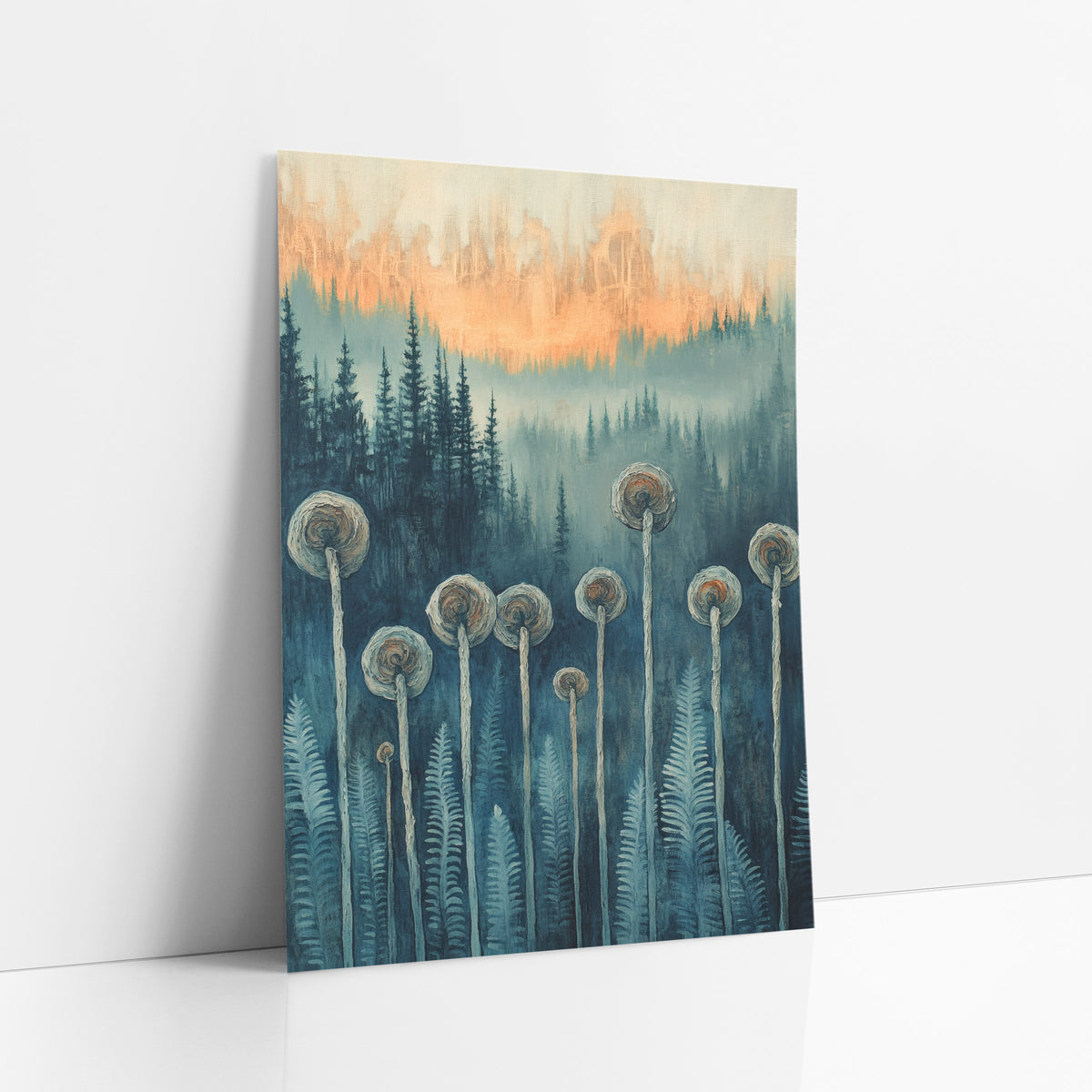 Fiddlehead Fern Forest Boho art print leaning against a white wall – spiral fiddlehead ferns on tall pale stems before misty