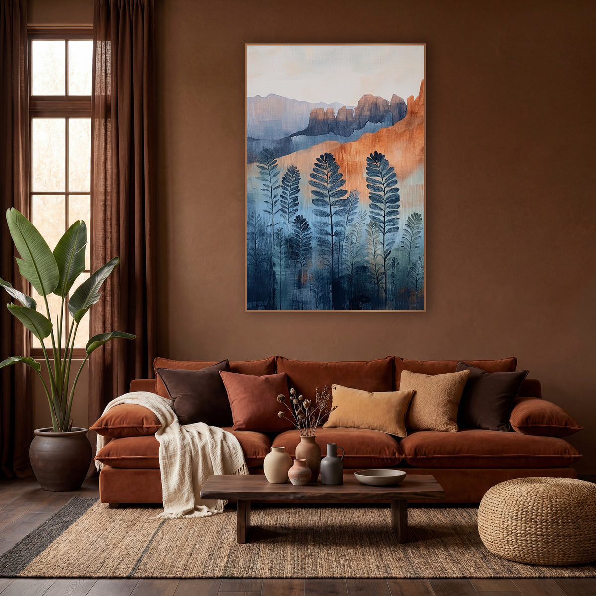 Indigo Fern Red Rock Boho wall art in a warm boho-style room – boho landscape of dark indigo fern fronds in front