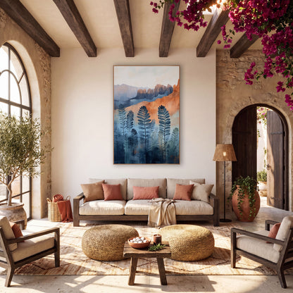 Indigo Fern Red Rock Boho wall art in a warm boho-style room – boho landscape of dark indigo fern fronds in front