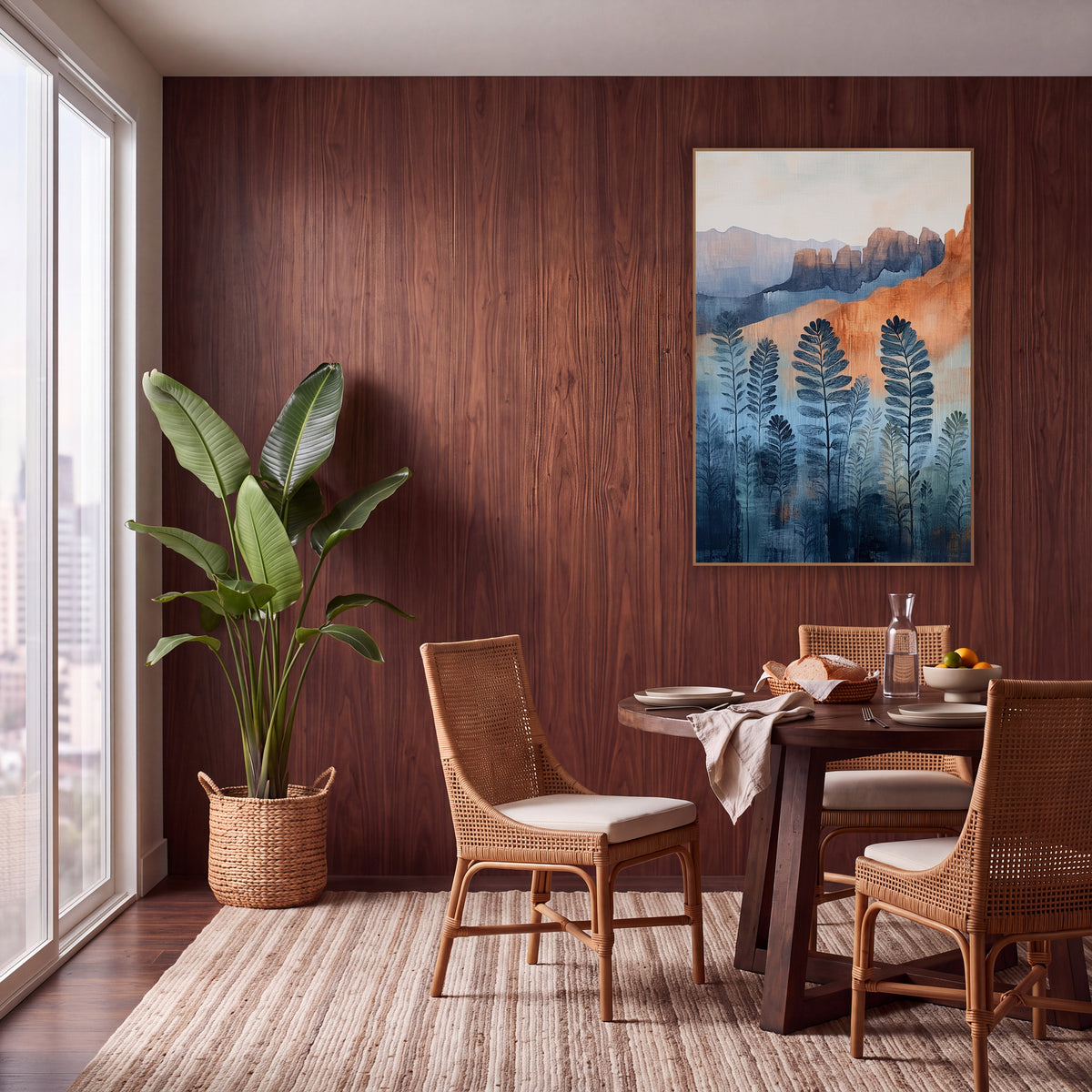 Indigo Fern Red Rock Boho wall art in a warm boho-style room – boho landscape of dark indigo fern fronds in front