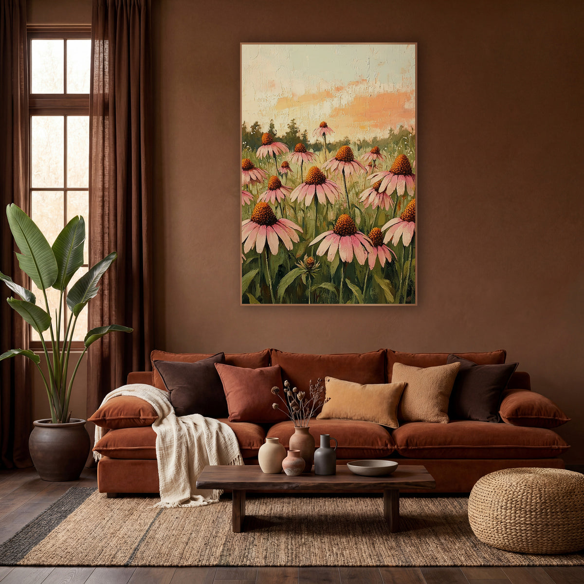 Pink Coneflower Meadow Boho Floral wall art in a warm boho-style room – field of pink coneflowers with orange centers