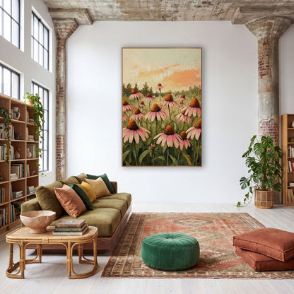 Pink Coneflower Meadow Boho Floral wall art in a warm boho-style room – field of pink coneflowers with orange centers