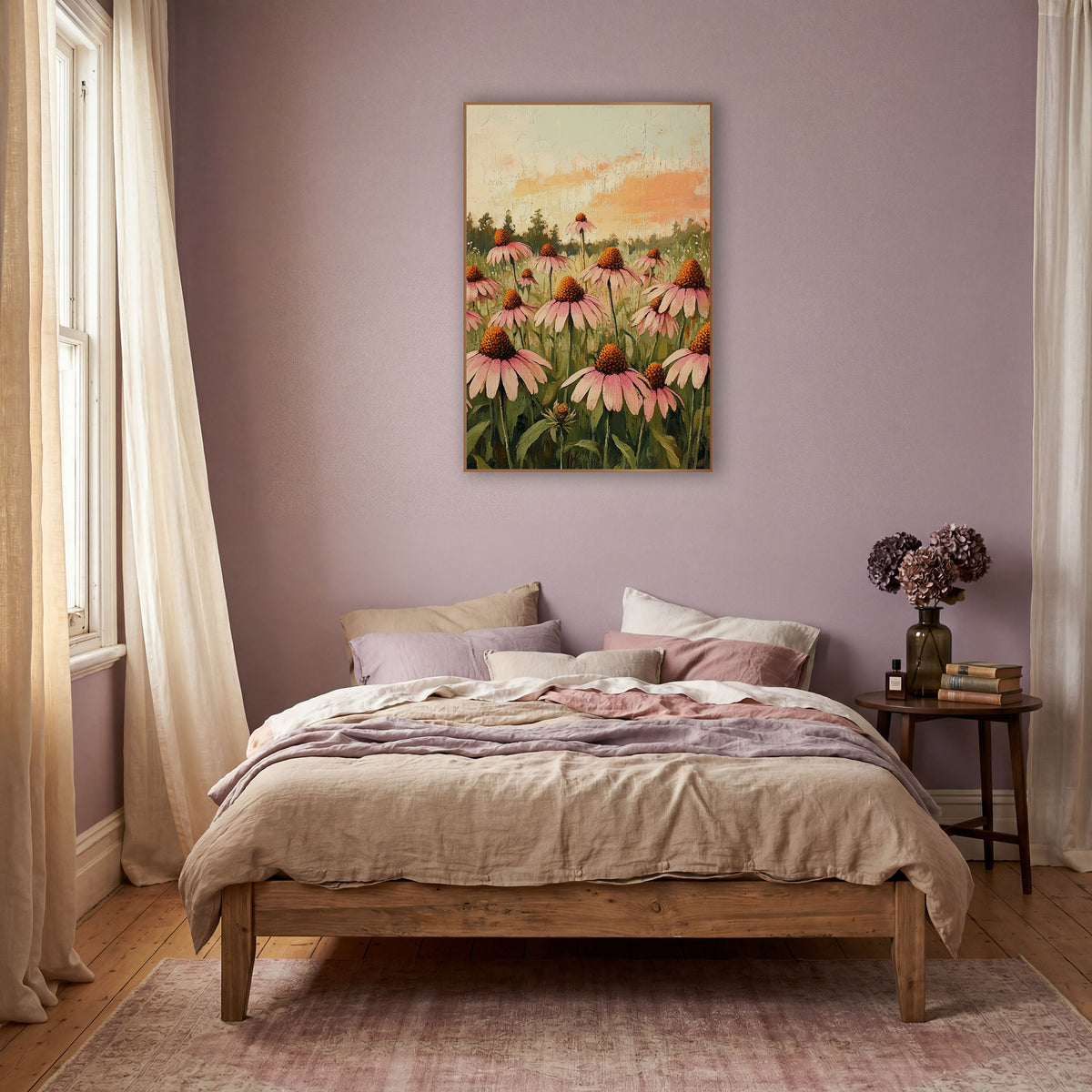 Pink Coneflower Meadow Boho Floral wall art in a warm boho-style room – field of pink coneflowers with orange centers